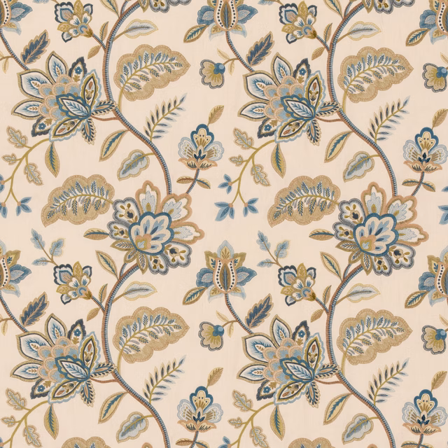 Cream floral fabric with muted blue-green blossoms and ochre botanical leaves