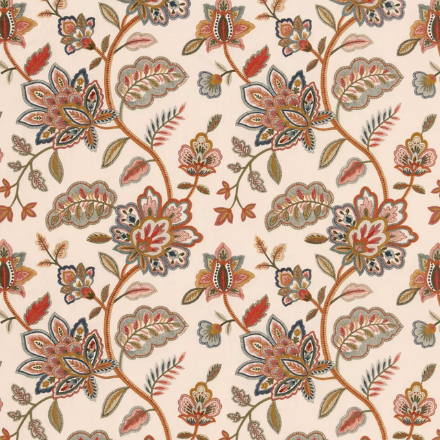Cream textile with red and olive floral vines, paisleys and fine botanical detail