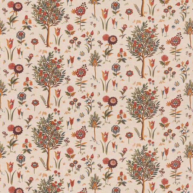 Cream linen with repeating red flowers, green trees and fine botanical sprigs