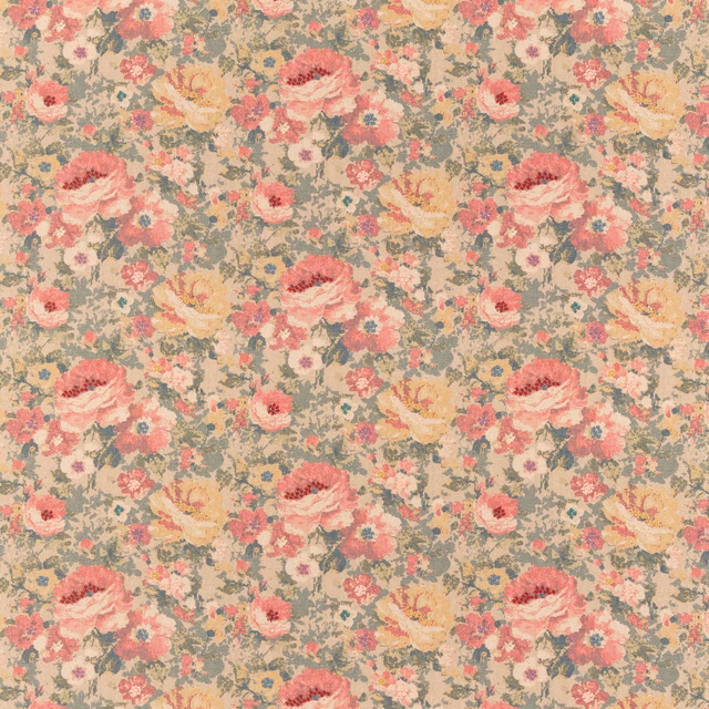 Sage floral tapestry with coral-red blooms, cream foliage and a softly mottled woven ground