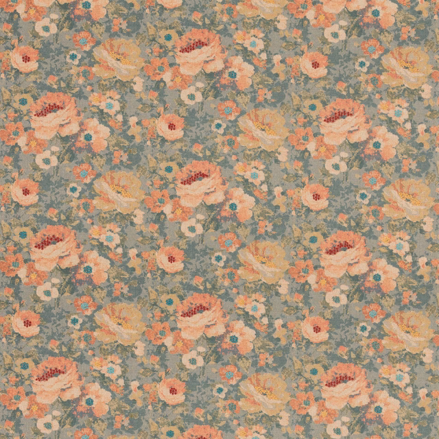 Dusty teal floral fabric with coral roses, peach blooms and a softly mottled ground