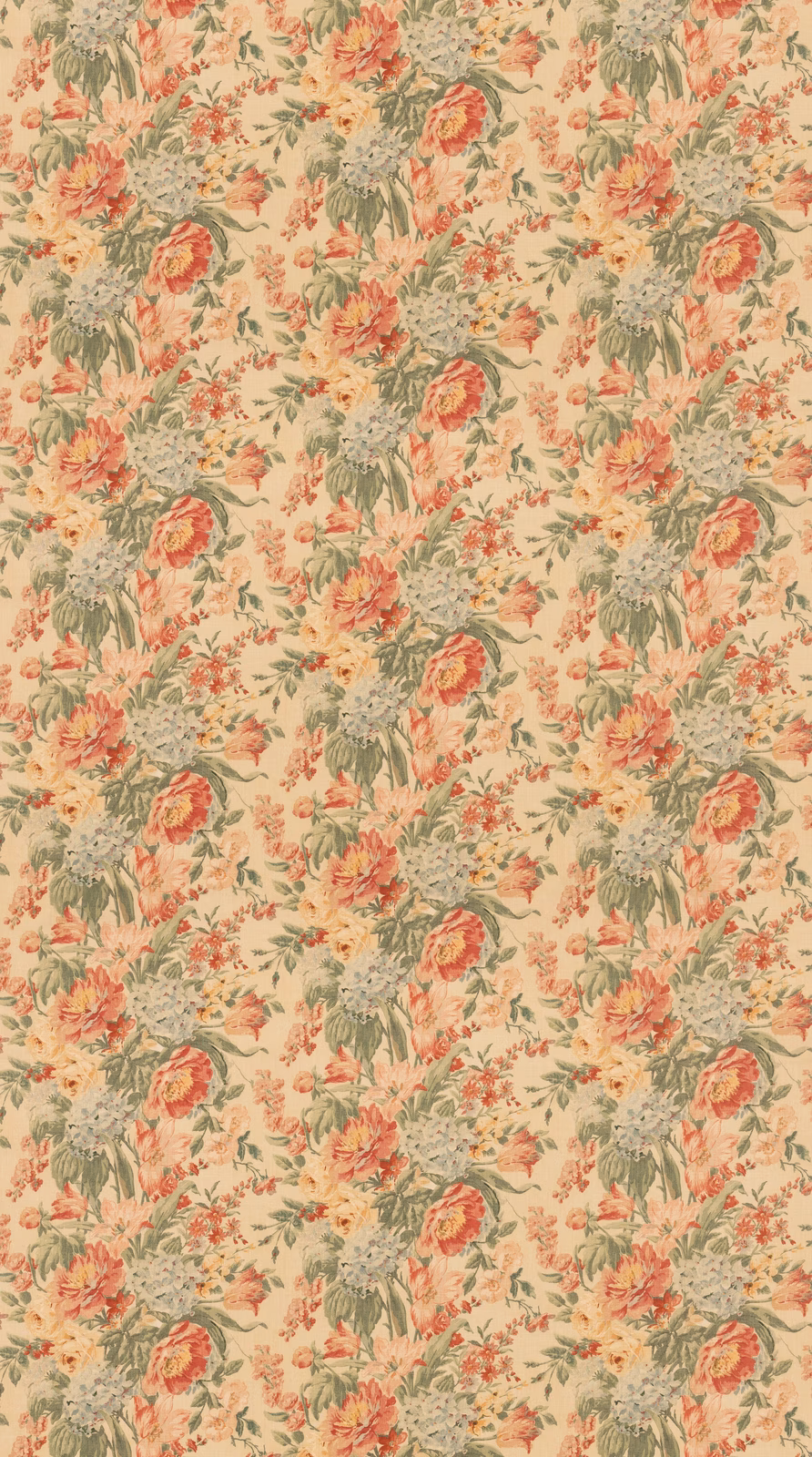 Antique cream floral fabric with coral blooms and muted sage foliage