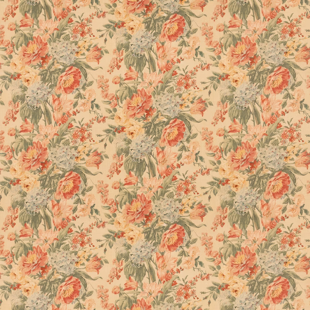 Antique cream floral fabric with coral blooms and muted sage foliage