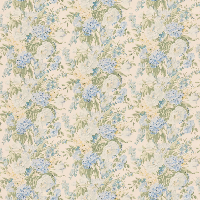 Cream floral fabric with powder-blue blooms and pale green leafy stems
