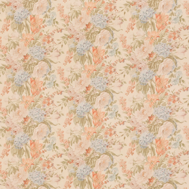 Warm cream floral textile with muted red blossoms, sage foliage and blue-grey flower heads