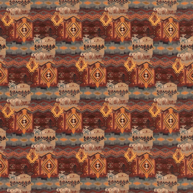 Teal, brick red and ochre geometric tapestry with diamond motifs and zigzag bands