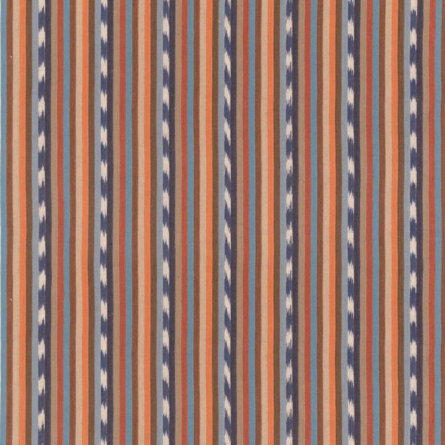 Blue and brick-red vertical stripe fabric with textured taupe and ivory woven accents