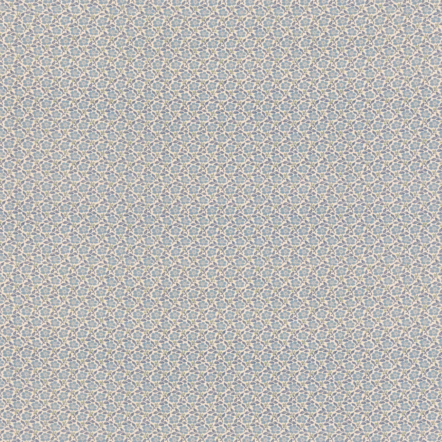 Pale blue cotton with tiny cream and taupe repeating sprigs in a fine lattice