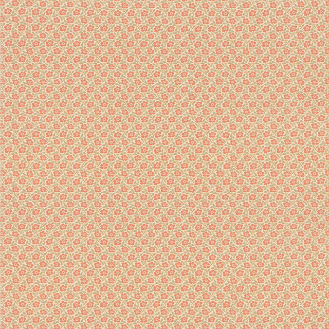 Cream cotton fabric with a dense repeat of warm coral-red floral sprigs