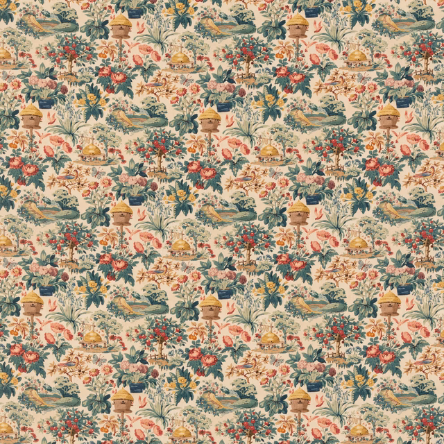 Antique cream textile with coral flowers, teal foliage and repeated golden urns.
