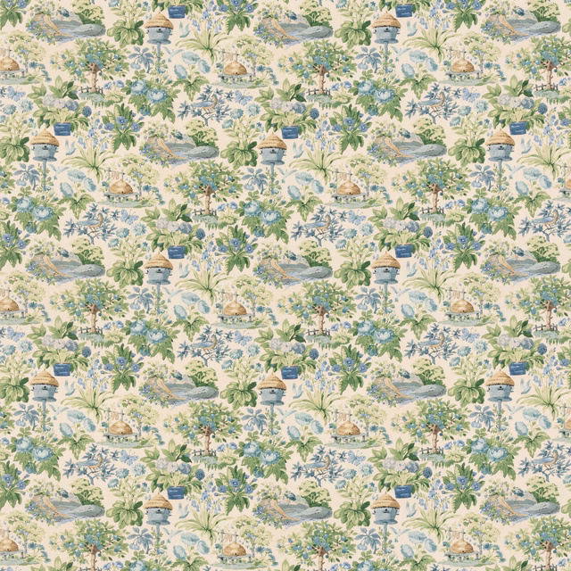 Cream cotton-linen with blue-green garden vignettes, urns and leafy sprays