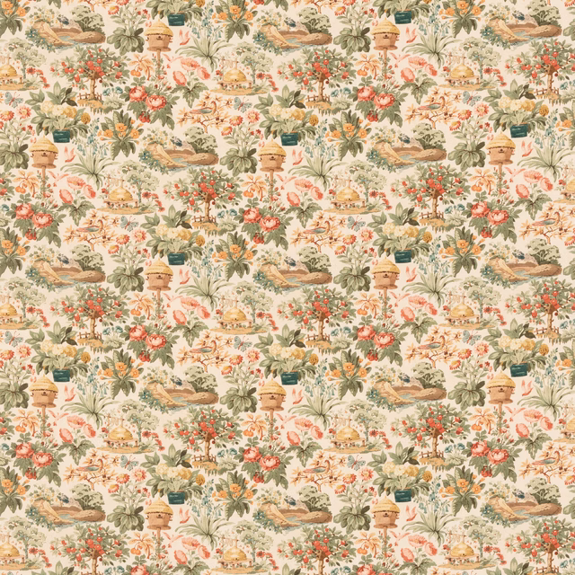 Cream scenic floral fabric with mulberry-red blooms, green foliage and urn motifs