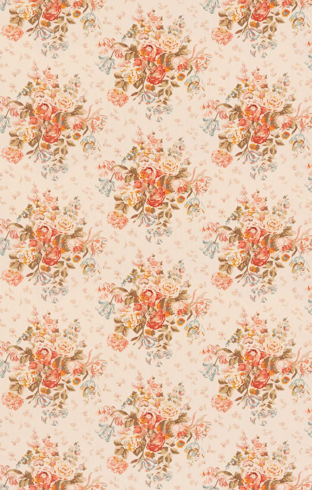 Antique cream floral fabric with coral rose bouquets, muted sage foliage and ochre accents