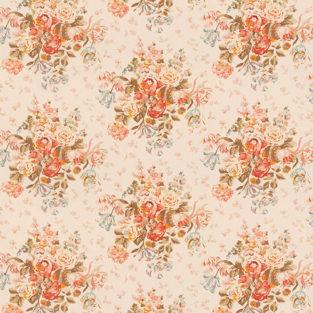 Antique cream floral fabric with coral rose bouquets, muted sage foliage and ochre accents