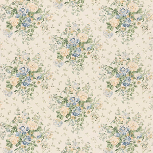 Cream floral fabric with blue bouquets, green leaves and peach flowers