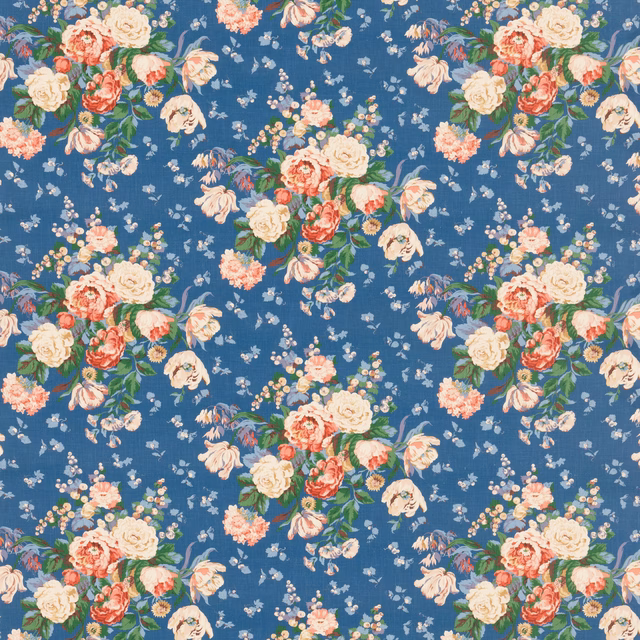Saturated indigo blue floral fabric with cream, coral and pink bouquet clusters