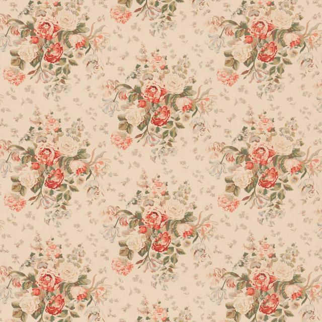 Cream floral fabric with red roses, muted green leaves, and scattered vintage bouquet sprigs