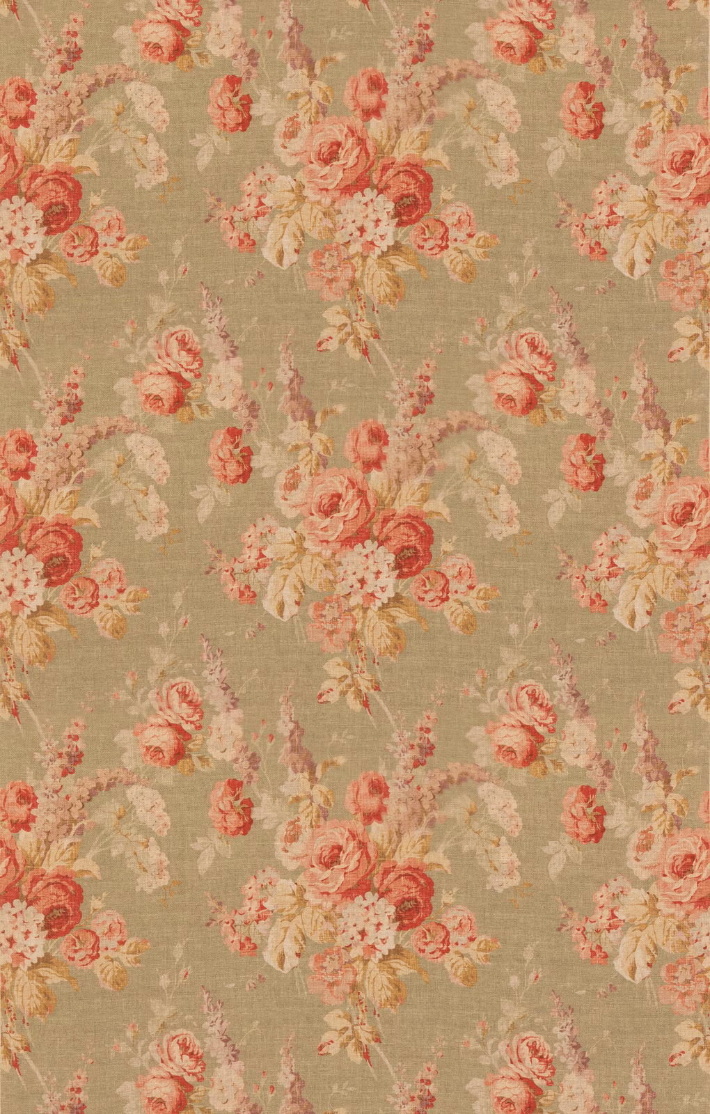 Muted sage ground with coral roses, cream flowers and ochre foliage in floral weave