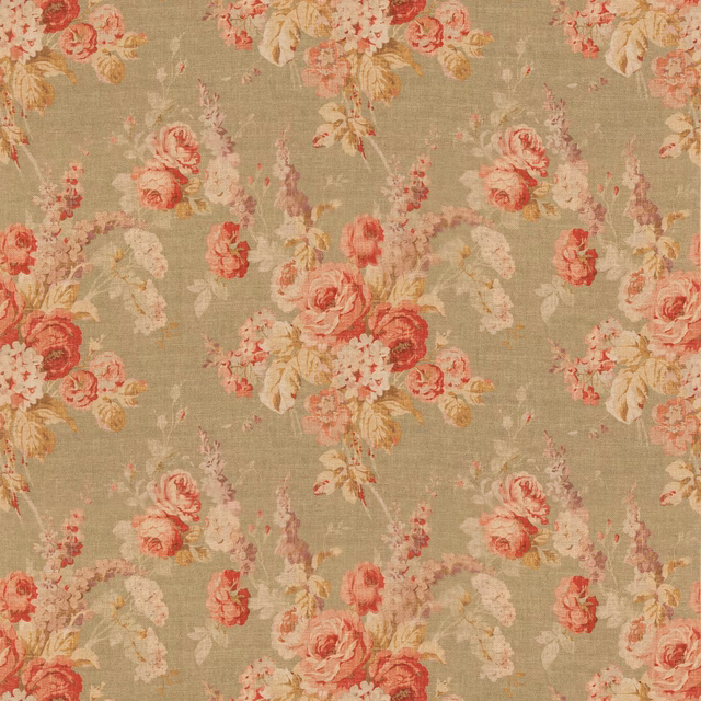 Muted sage ground with coral roses, cream flowers and ochre foliage in floral weave