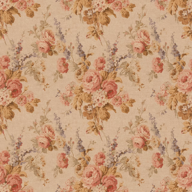 Beige floral fabric with dusty red roses, lovat leaves and woven texture