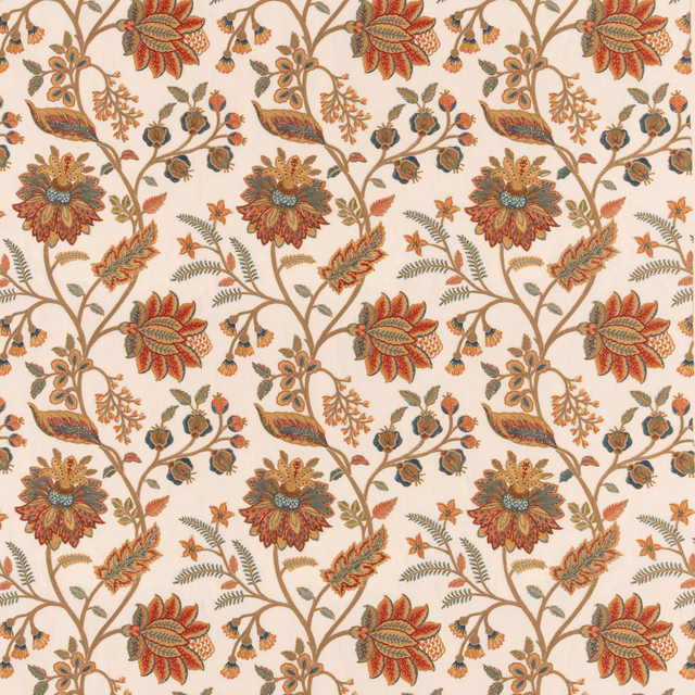 Cream floral fabric with russet blooms, blue leaves, curling stems and small birds