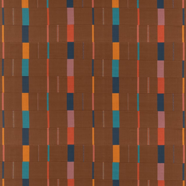 Espresso brown woven stripe with teal, orange, red and blue rectangular accents