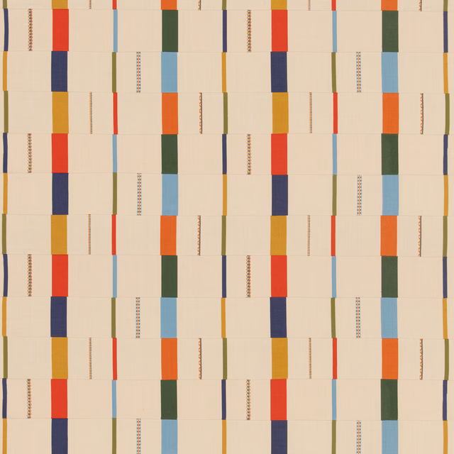 Cream cotton stripe with vertical navy, rust, green, blue and ochre geometric blocks