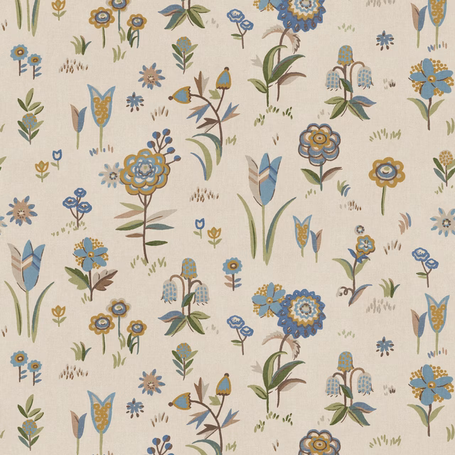 Warm cream wallpaper with muted blue flowers, sage leaves and scattered botanical sprigs.