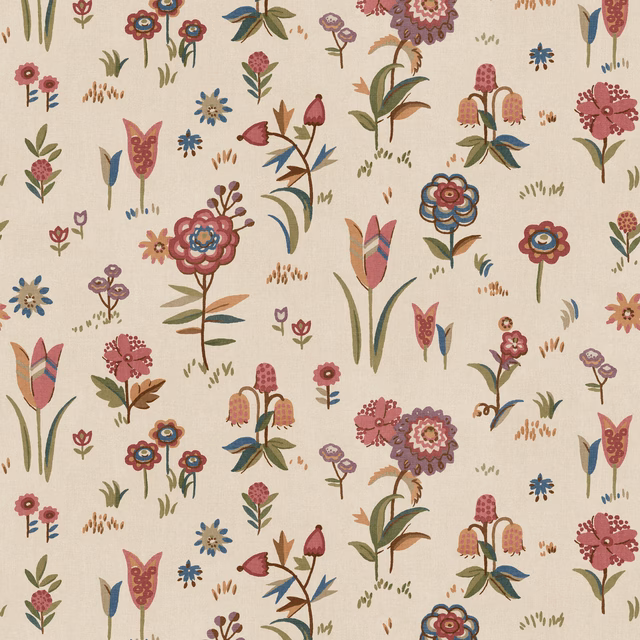 Cream wallpaper with red tulips, raspberry blooms, green stems and blue floral accents