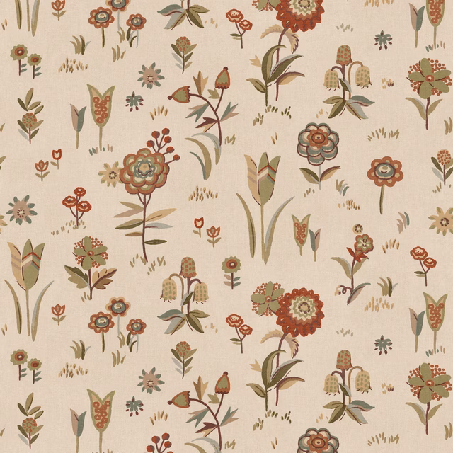 Russet meadow flowers with olive stems scattered across a warm cream wallpaper ground