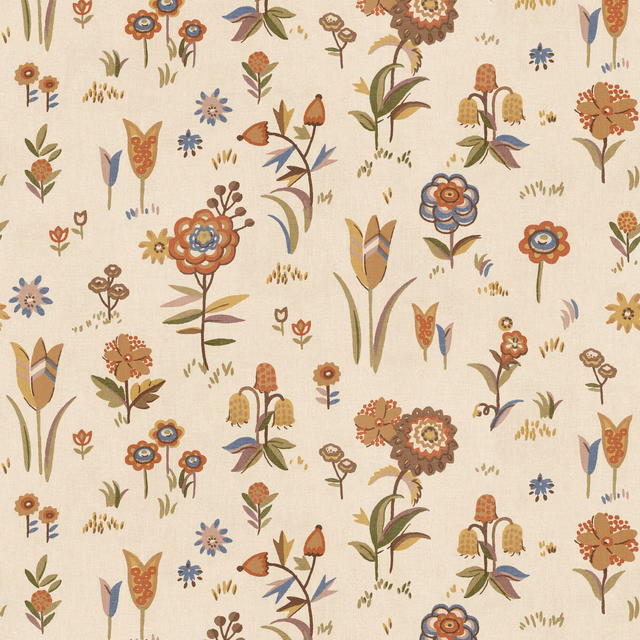 Warm cream wallpaper with rust, ochre, blue and green folk flowers and stems