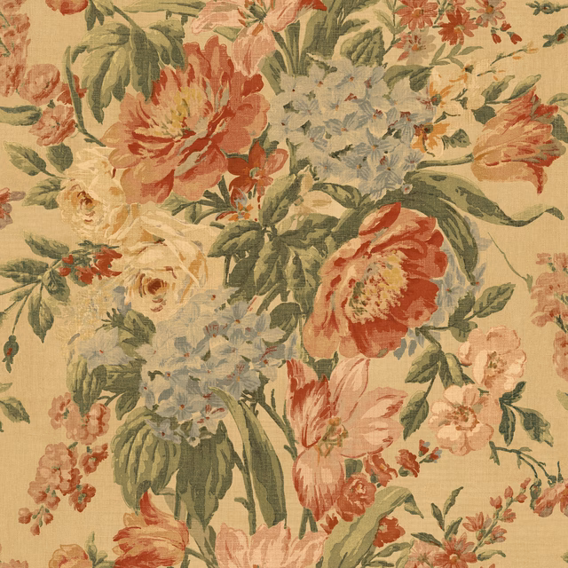 Antique beige wallpaper with large terracotta flowers, sage leaves and dusty blue blooms