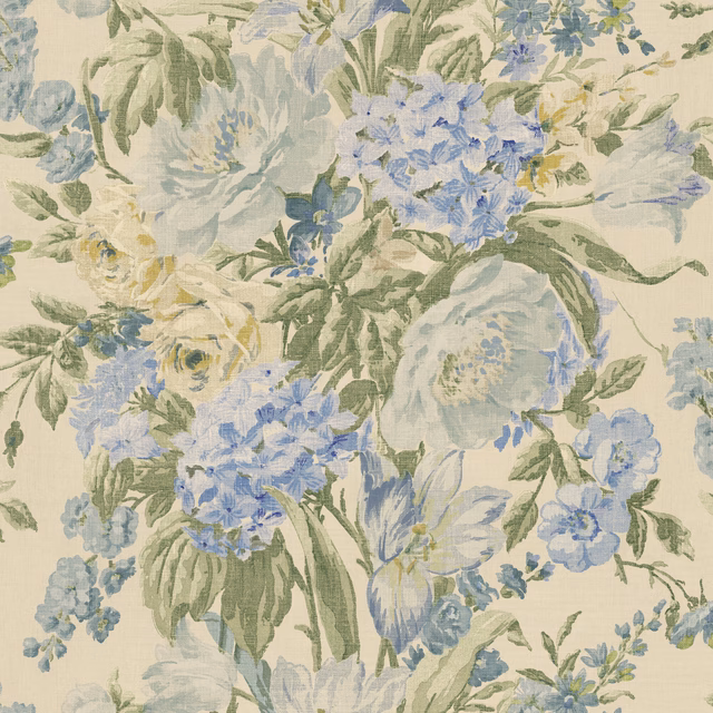 Pale blue flowers and sage foliage arranged on an ivory botanical wallpaper ground