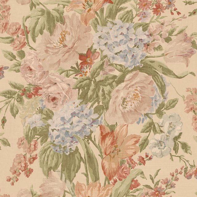 Soft red and sage floral bouquets on a warm cream wallpaper ground