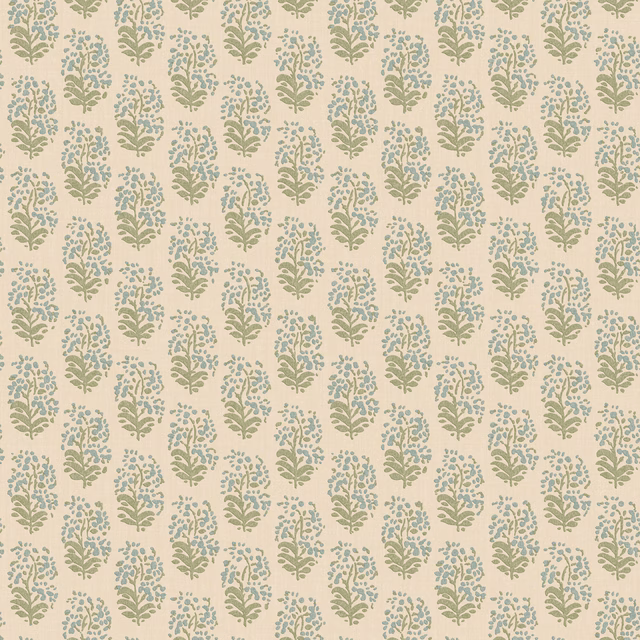 Warm cream wallpaper with closely spaced aqua and sage botanical sprigs