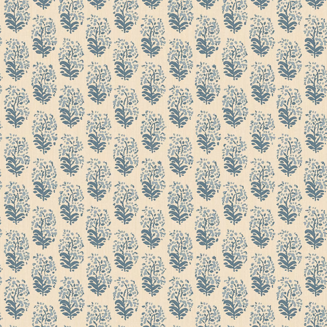 Muted indigo leafy sprigs repeating across a warm cream wallpaper ground