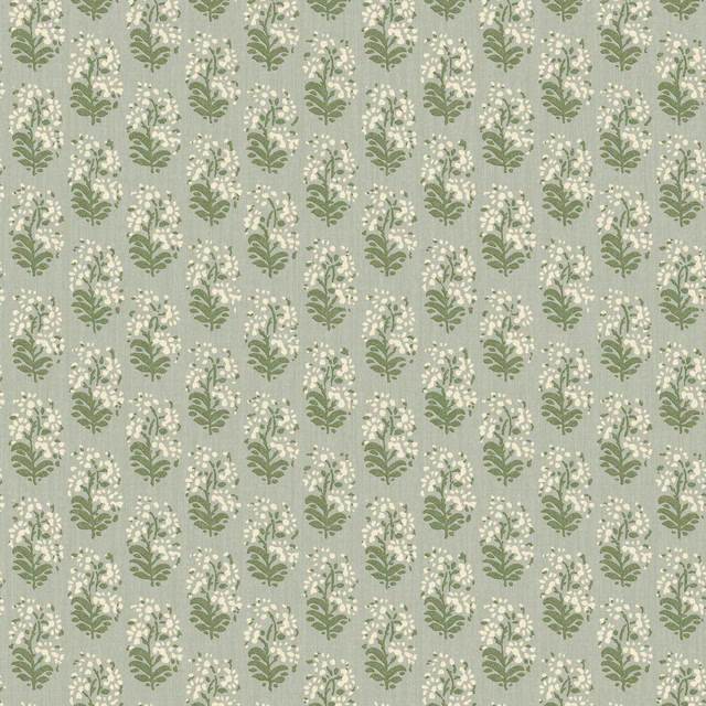 Pale sage wallpaper with repeating olive leafy sprigs and tiny cream flowers