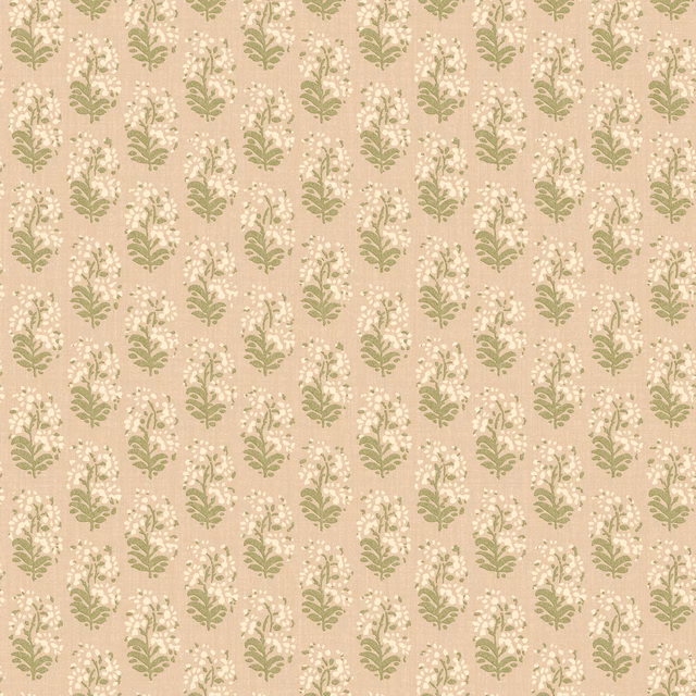 Plaster beige wallpaper with repeating sage botanical sprigs and pale floral flecks