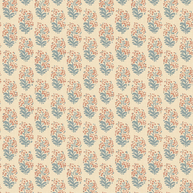 Cream wallpaper with teal leaf sprigs and coral-spice floral dots