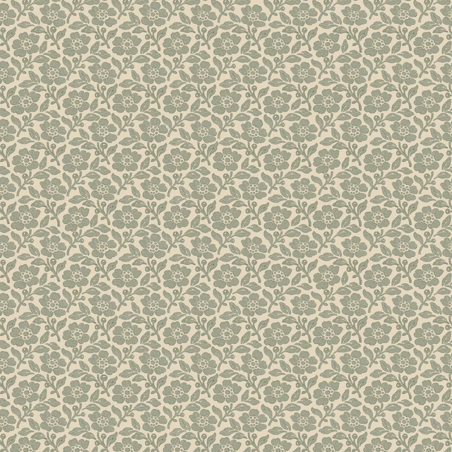 Pale aqua wallpaper with dense muted sage sprigs, leaves and tiny flowers