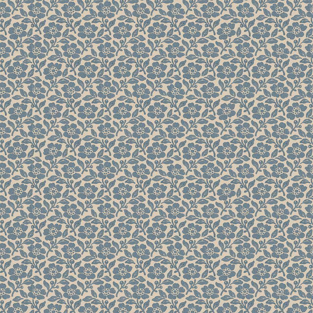Muted blue leafy sprigs repeating over a warm cream wallpaper ground