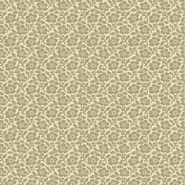 Warm cream wallpaper with dense muted moss-green leafy sprigs and tiny flowers