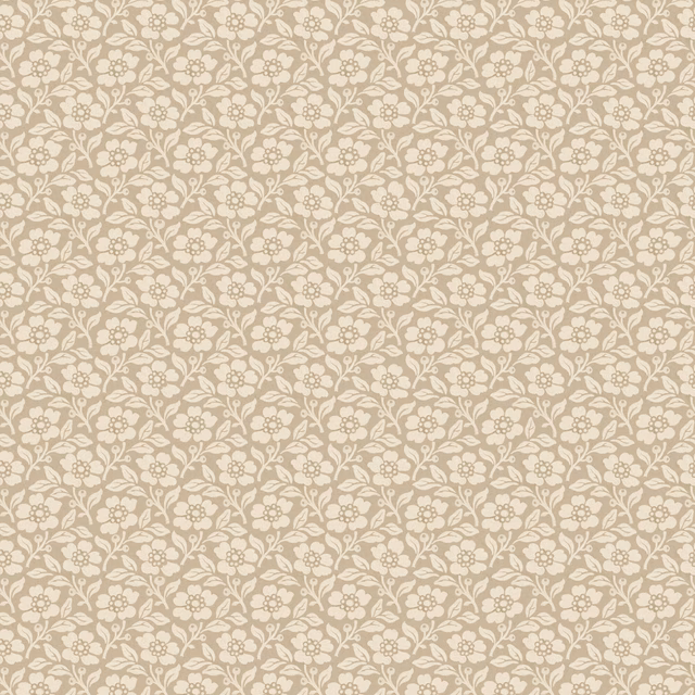 Warm parchment beige wallpaper with dense cream sprigs, tiny leaves and delicate flowers