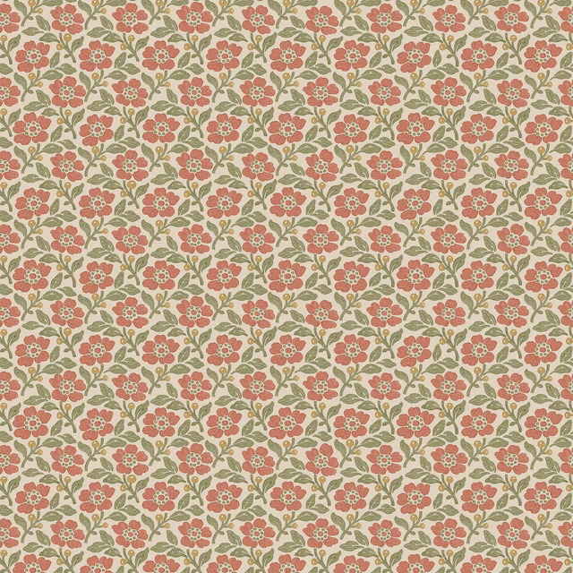 Dense red flowers and sage-green sprigs on a warm cream wallpaper ground
