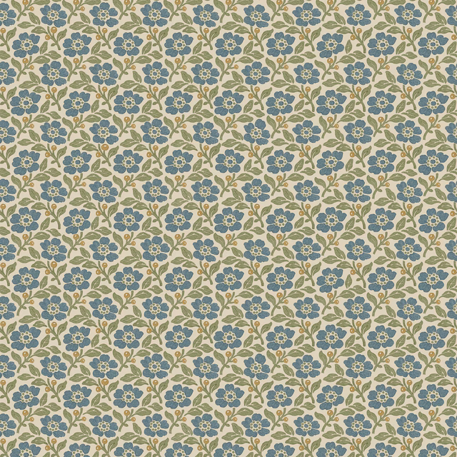 Dense teal-blue sprigs and green leaves repeat across a pale cream ground