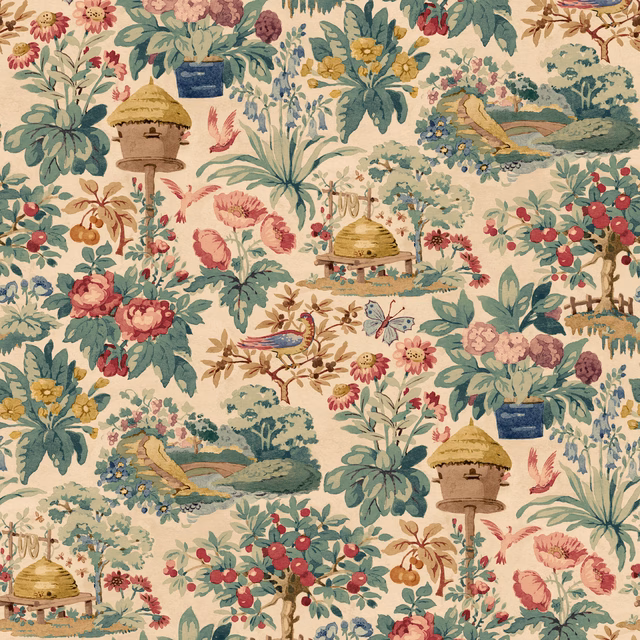 Antique cream wallpaper with burgundy peonies, teal foliage, birds and scenic garden vignettes