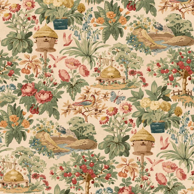 Cream wallpaper with mulberry-red flowers, green foliage, birds, ponds and garden structures