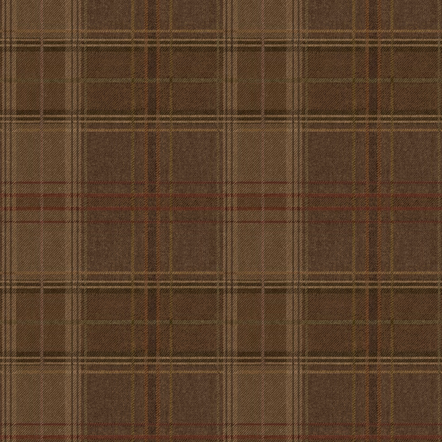Warm espresso wallpaper with fine taupe, olive and muted red plaid lines
