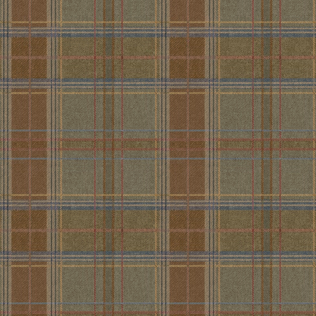 Muted olive-brown plaid wallpaper with blue-grey and rust-red intersecting lines