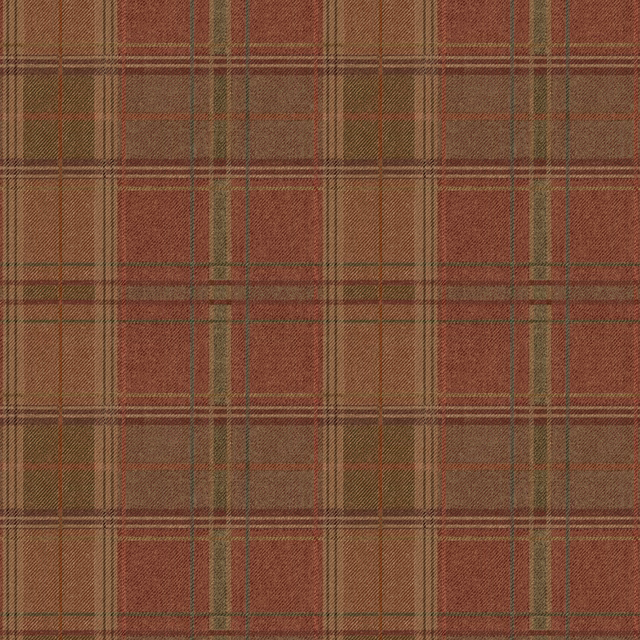 Russet red wallpaper with olive and brown intersecting plaid lines and layered checks
